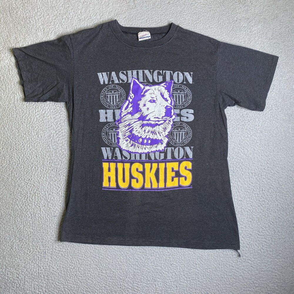 Washington Huskies Girardin Sportswear Shirt Mens Large Black Striped NCAA VTG